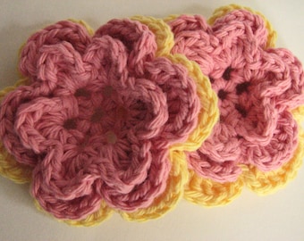 Crochet Flower Applique - Large, Layered Pink & Yellow Crochet Flowers