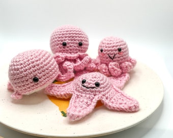 Small Crochet Amigurumi Sea Creatures - Light Pink Octopus, Whale, Sea Star, & Jellyfish