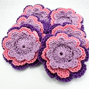 May include: A set of six crocheted flowers in shades of pink and purple. The flowers are layered, with the largest layer being purple, the middle layer being pink, and the smallest layer being a lighter shade of purple.
