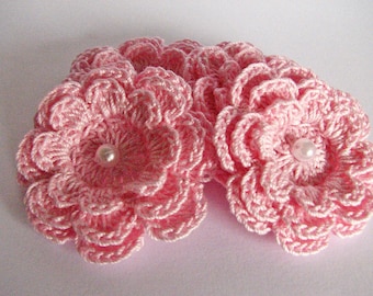 Crochet Flower Appliques - 4 Pastel Pink Layered Flowers with Bead Centers