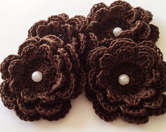 Crochet Flower Appliques - 4 Dark Brown Layered Flowers with Bead Centers