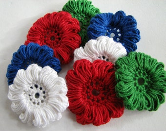 Crochet Flower Appliques - Christmas Shades, Red, White, Green & Blue - 8 Total