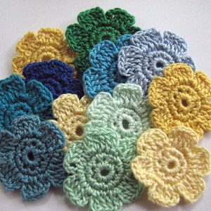 Small Crochet Flowers - 12 Blue, Green & Yellow