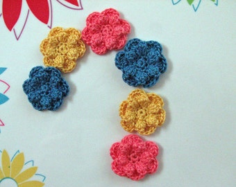 Small Crochet Flowers - Coral Pink, Blue & Yellow - 6