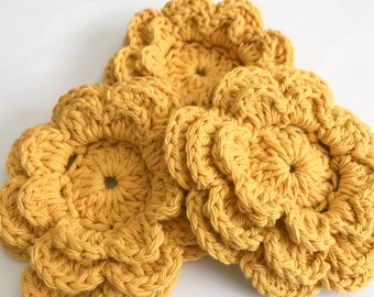 Crochet Flowers - 3, 4 or 6 Large, Layered Bamboo Yellow Crochet Flowers - All Cotton Yarn