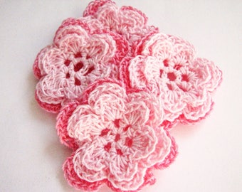 Crochet Flowers - 4 Three Layer Pink Flowers - All Cotton Crochet Thread