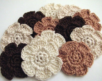 Crochet Flower Appliques - 6 Petal, Flat, Small Flowers in Pretty, Neutral Colors - 12