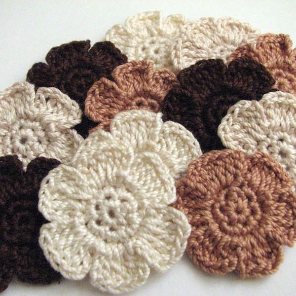 Crochet Flower Appliques - 6 Petal, Flat, Small Flowers in Pretty, Neutral Colors - 12