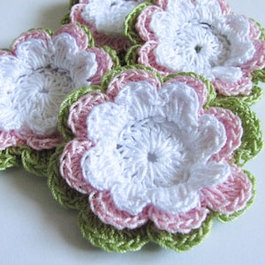 Crochet Flower Appliques - Three Layer Thread Flowers in White, Pink & Sage - 4, 6 or 8 Flowers