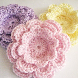 Crochet Flowers - 3 Large, Layered Pastel Crochet Flowers - Select Mixed or All One Color (Pink, Lavender or Yellow)