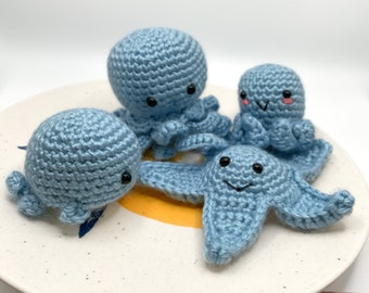 Small Crochet Amigurumi Sea Creatures - Light Blue Octopus, Whale, Sea Star, & Jellyfish