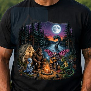 Cryptide Feu de camp PNG Bigfoot Mothman Créature extraterrestre Monstre du lac Camping Horreur Nature Rétro vintage | Téléchargement numérique