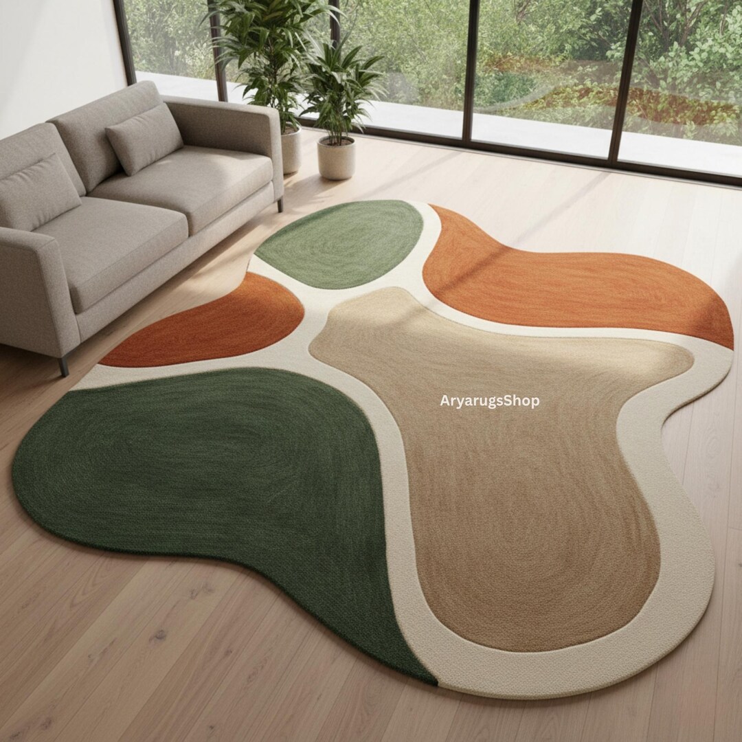 Organic Pattern Rugs Organic Shape Wool Rug – Hand Tufted Earthy Modern Rug in Green, Orange ...
