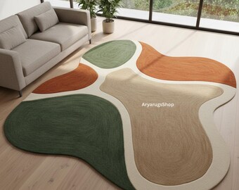 Organic Shape Wool Rug – Hand Tufted Earthy Modern Rug in Green, Orange & Beige