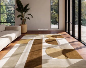 Brown, Beige & Cream Gold Abstract Rug | Modern Geometric Area Carpet