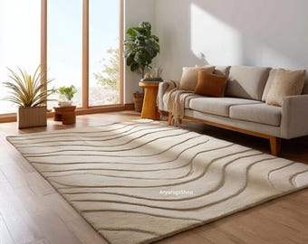 Tappeto a onde 3D neutro / Tappeto astratto a contorno color crema beige trapuntato a mano / Decorazione giapponese