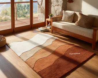 Terracotta Beige, Cream Wave Rug | Earth Tone Wool Carpet | Boho Modern Living Room Decor