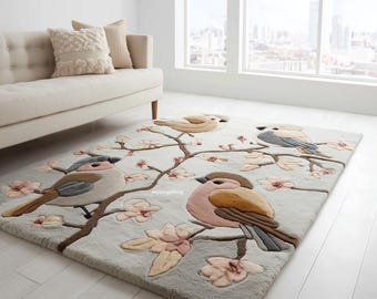 Hand Tufted Wool Area Rug | Floral Bird Nursery Kids Room Teppich