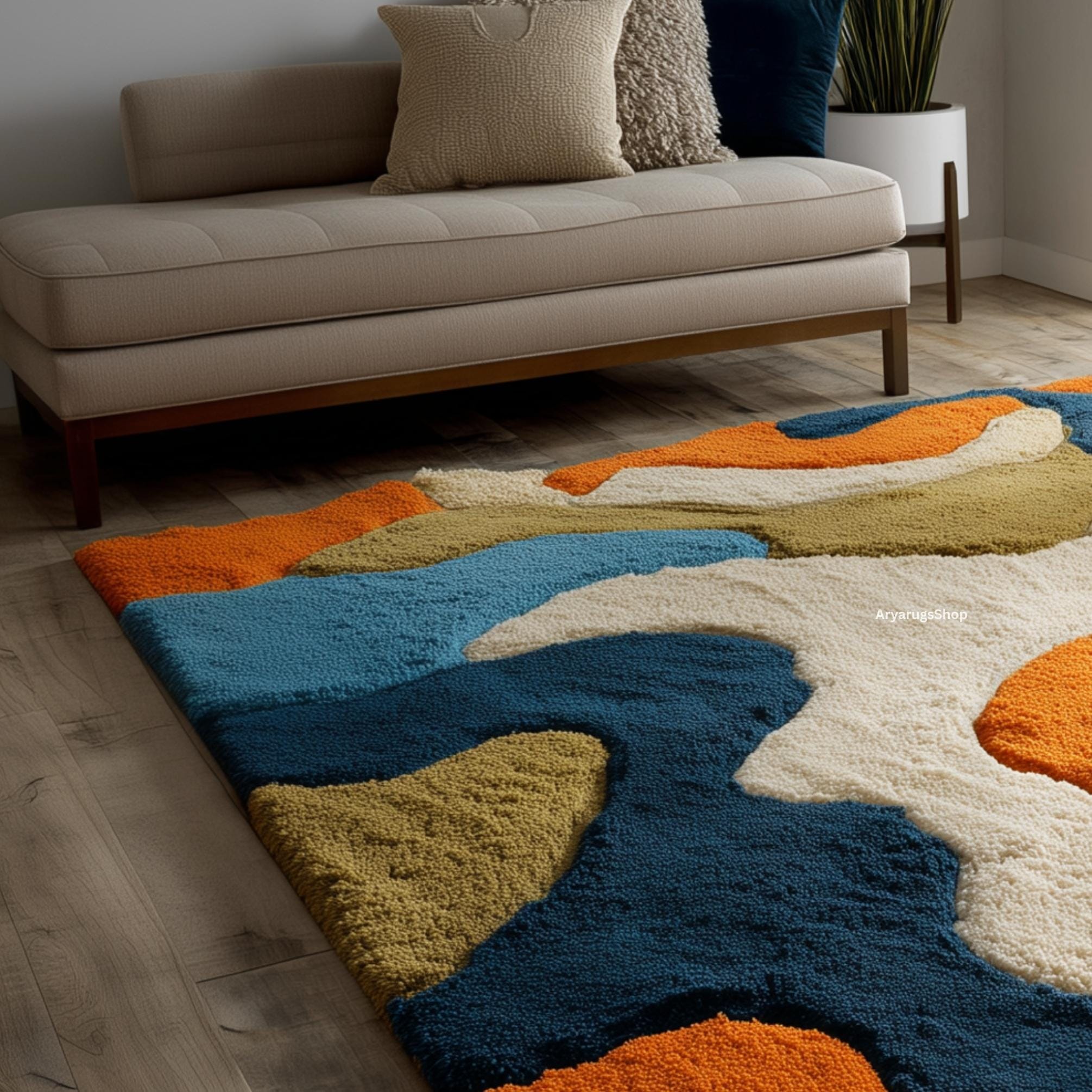 Geometric Wave Wool Rug | Blue, Orange & Light Color Block | Living ...