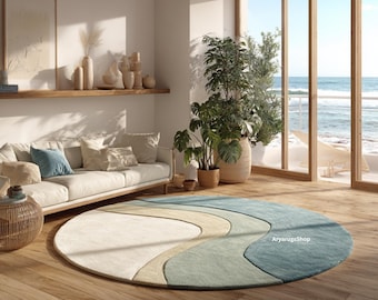 Hand Tufted Wool Round Rug | Abstract Coastal Design