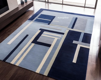 Hand Tufted Blue Geometric Rug | Modern Abstract Wool Area Rug | Contemporary Living Room Carpet
