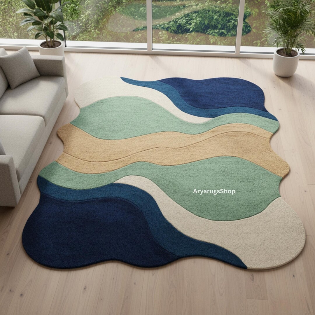 Wool Wave Rug Wave Inspired Hand Tufted Wool Rug – Organic Irregular Shape Rug in ...