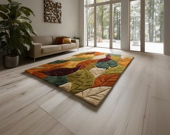 Hand-Tufted Wool Rug, Modern Botanical Leaf Design | Green, Brown