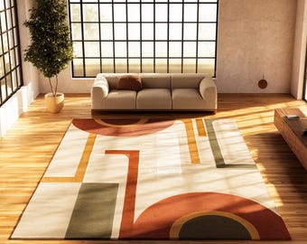 Hand Tufted Mid Century Modern Area Rug | Terracotta Neutral Living Room Carpet