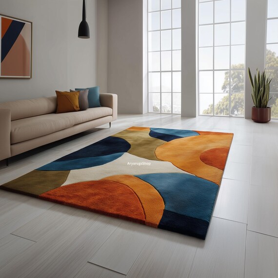Modern Geometric  Rug | Blue, Orange, Olive Green | Abstract Color Block Carpet for Living Room Bedroom |  Mid Century Modern Decor