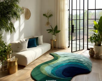 Hand-Tufted Wool Abstract Wave Rug, Organic Modern Living Room Carpet