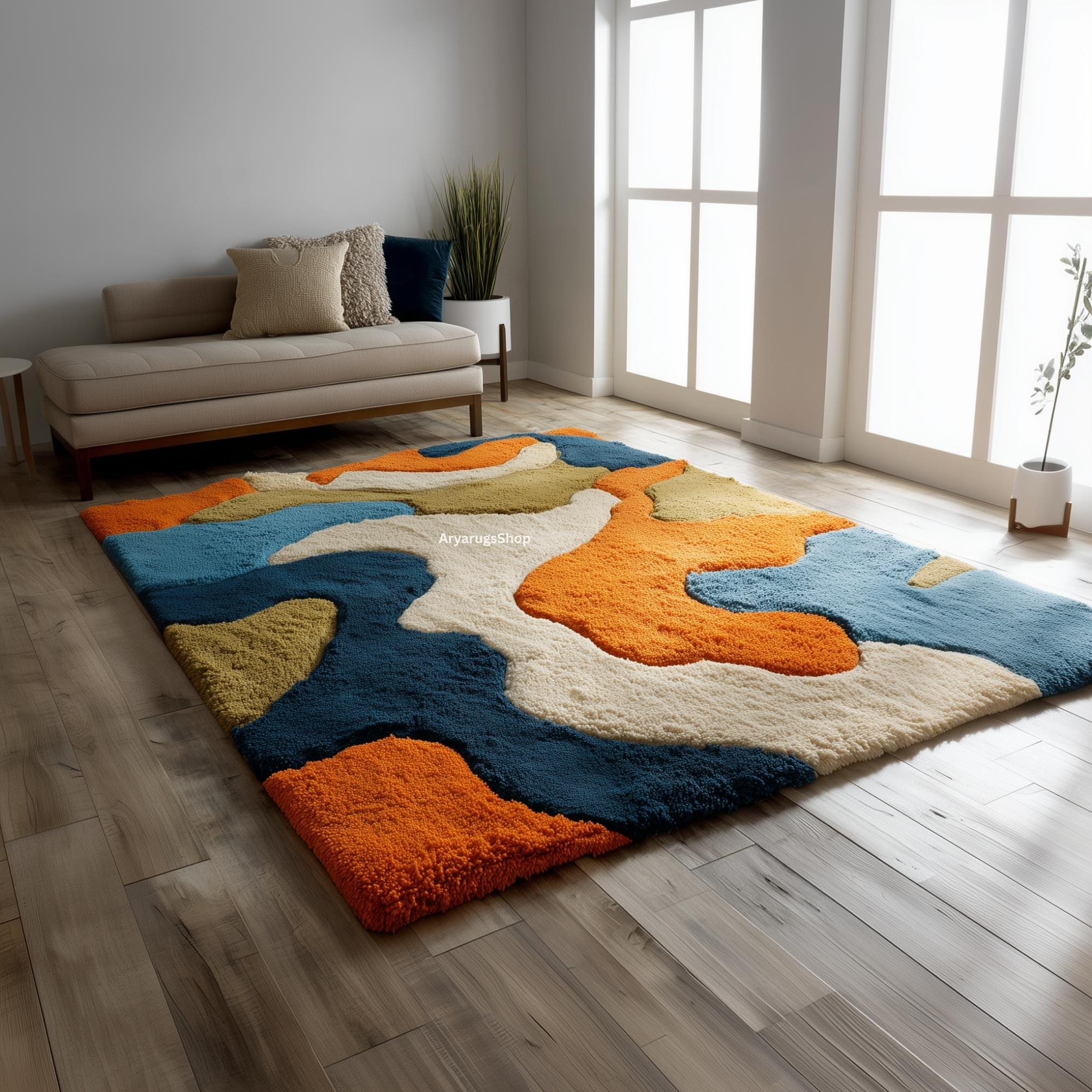 Geometric Wave Wool Rug | Blue, Orange & Light Color Block | Living ...