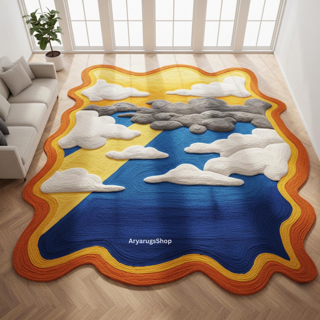 Small Cloud Rug Weather Sky Rug | Hand-tufted Wool Rug With Clouds, Sunlight & Horizon ...