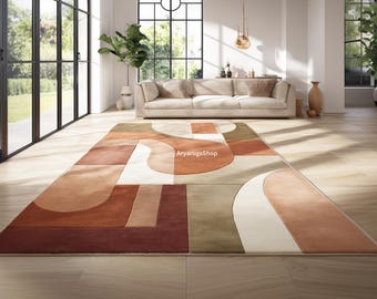 Hand Tufted Wool, Geometric Curve Design, Contemporary Floor Style