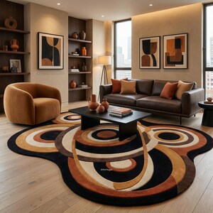 May include: A modern living room featuring a brown leather sofa, an orange swivel chair, and a black coffee table. The room is decorated with abstract art and a circular rug with a retro design in black, brown, and cream colors.