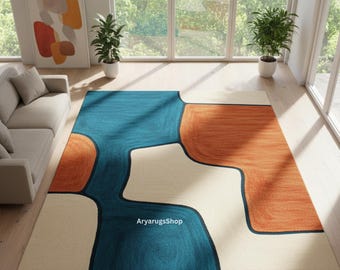Modern Abstract Rug – Handmade Wool Rug in Blue, Orange and Ivory