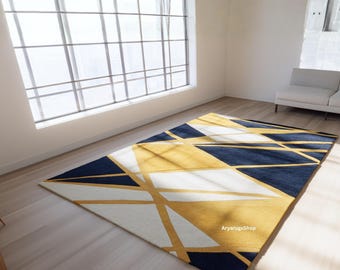 Geometric Wool Area Rug | Blue, Yellow Abstract Design
