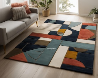 Abstract Geometric Rug, Modern Living Room Carpet, Color Block Decor