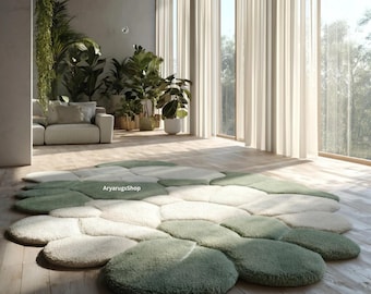 Pebble Shape Abstract Rug in Sage Green & Cream | Soft Wool Sun Light Area Rug