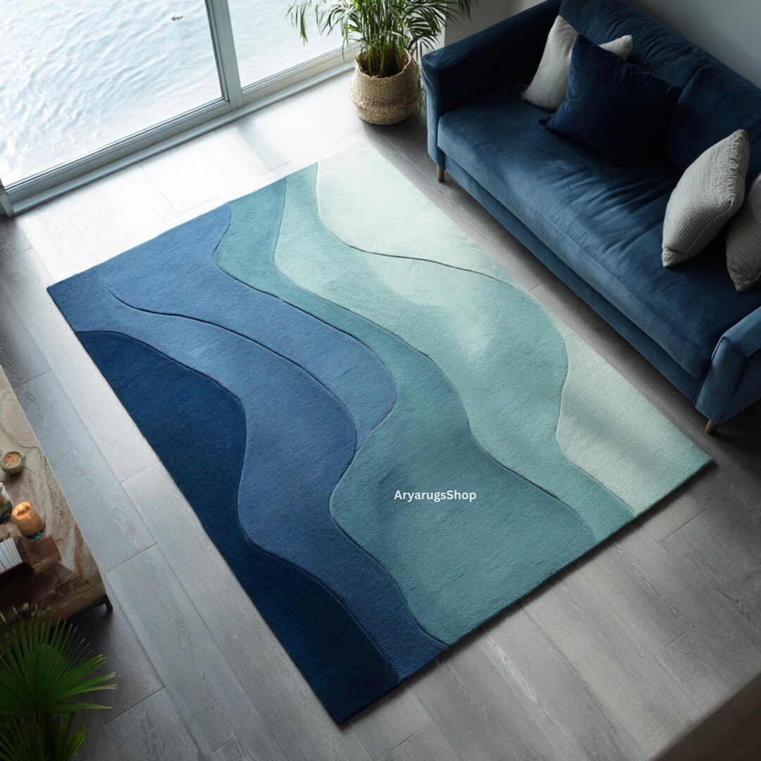 Ocean Wave Blue Rug | Handmade Wool Carpet | Modern Abstract Aqua Area ...