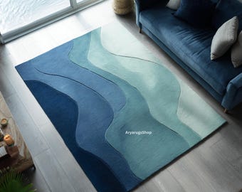 Alfombra Coastal Aqua Blue tejida a mano / Alfombra Coral de 8x10 para sala de estar, dormitorio