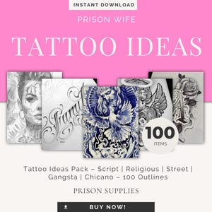 以下が含まれることがあります： タトゥーのアイデアを特集したデジタルダウンロードグラフィック。デザインには、スクリプト、宗教、ストリート、ギャングスタ、チカーノをテーマにしたタトゥーアートパックが含まれています。画像には「TATTOO IDEAS」と「100 ITEMS」の文字が含まれています。