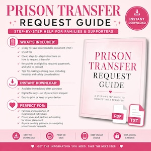 Op de afbeelding: Een digitale gids voor gevangenisoverplaatsingsverzoeken in een roze en wit kleurenschema. Het document bevat stapsgewijze instructies, punten over geschiktheid en vereiste documentatie. Beschikbaar als downloadbaar PDF- en tekstbestand.