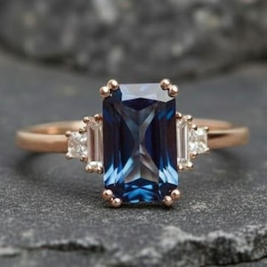 Emerald Cut Blue Sapphire Ring 14K Yellow Gold Three Stone Engagement Ring Baguette Diamond Side Stones Vintage Wedding Jewelry Gift for Her