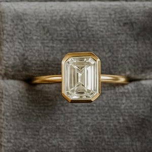 Emerald Cut Moissanite Bezel Set Ring / Single Diamond Solitaire Engagement Ring / Emerald Cut Gold Bezel Wedding Ring / Rings For Women