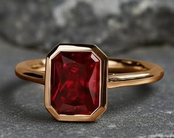 Emerald Cut Ruby Engagement Ring, Red Gemstone Bridal Gold Ring, Gorgeous Handmade Ring, Bezel Set Solitaire Ruby Ring, Gift for Women