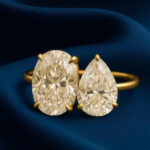 Oval & Pear Moissanite Two Stone Engagement Ring, Toi Et Moi Proposal Ring, 14K Solid Gold Double Stone Ring, Bridal Promise Rings for Her