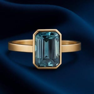 London Blue Topaz Ring, Emerald Cut Anniversary Gift for Her, Solid Gold Bezel Ring, Birthstone Jewelry, Bezel Wedding Ring, Solitaire Ring