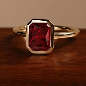 Emerald Cut Ruby Engagement Ring, Red Gemstone Bridal Gold Ring, Gorgeous Handmade Ring, Bezel Set Solitaire Ruby Ring, Gift for Women