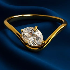 Oval Moissanite Ring, 14k Solid Gold Floating Unique Ring, East-West Oval Cut Engagement Ring, Curved Band Stone Wedding Promise Gift Ring