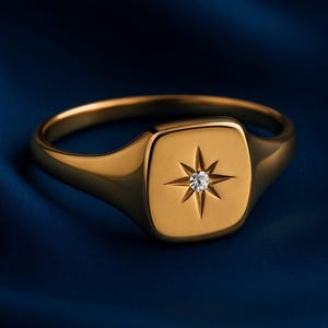 Diamond Signet Ring - Moissanite Star Signet Ring - North Star Ring - Celestial Jewelry - Round Signet Ring - Dainty Ring - Gift For Her